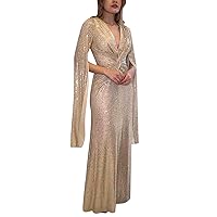 Vintage Dress,Women Formal Dress Wedding Bridesmaid Dress Sequin Slit Long Sleeve Long V Neck Beaded Evening Go