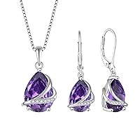 Teardrop Jewelry Set for Women 925 Sterling Silver Amethyst February Birthstone Necklace Leverback Earrings Gifts for Wife Girlfriend Mother Daughter Her