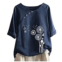 DASAYO Women's Floral Print Cotton Linen Tee Top Button Decor Round Neck Blouse Shirts Loose Fashion Going Out Shirt Tops