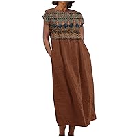 Women's Flowy Vintage Cotton Linen Dress Summer Beach Casual Loose Sleeveless Crew Neck Baggy Midi Dress with Pockets
