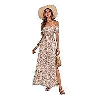 TINMIIR Women's Summer Dresses Off Shoulder Ditsy Floral High Split Maxi A-Line Dress (Color : Multicolor, Size : Small)