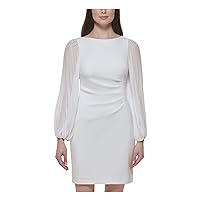 Jessica Howard Womens Ivory Pleated Zippered Lined Long Sleeve Boat Neck Above The Knee Party Sheath Dress 14