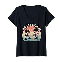Womens Retro Vacay Squad Aloha Beaches Palm Trees Summer Vacation V-Neck T-Shirt