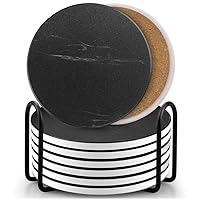 EAGMAK Set of 8 Coasters for Drinks, Marble Style Ceramic Drink Coaster with Holder for Coffee Wooden Table Home Decor(Black)
