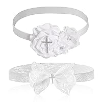 2 Pcs Baby Girls Baptism Christening Headbands Newborn Infant Toddlers Flower Crown Lace Bow Hairband (Cross Rhinestone)