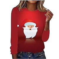 Christmas Santa Shirt Women Cute Santa Claus Long Sleeve T-Shirt Oversized Crew Neck Tunic Tops Xmas Holiday Blouse