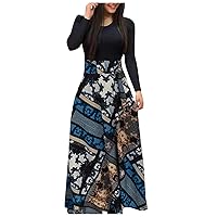 White Dress Women Long Sleeve,Wedding Guest Dresses for Cute Dress Comfy Dresses Women's Sleeve Floral Print Loose Holiday Party Splice Maxi Dresses Deals of The Day Sales Today(A-Khaki,XL)