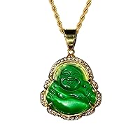 Men Women Jewelry Iced Laughing Buddha Bottle Green Jade Pendant Necklace Rope Chain Genuine Certified Grade A Jadeite Jade Hand Crafted, Jade Necklace, 14k Gold Filled Laughing Jade Buddha Necklace, Jade Medallion, Fast Prime Shipping