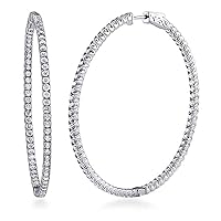 Platinum Plated 925 Sterling Silver Single Line Simulated Diamond Hoop Earring Wedding Jewelry