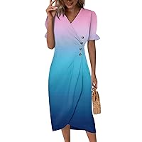 Summer Dresses for Women 2024, Sundress Spring Boho Asymmetric Ruffle Short Sleeve Wrap V Neck A-Line Midi Dress House with Pockets Womens Dresses Sleeves Dresses Casual (S, Light Blue)