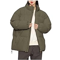 Womens Winter Coat Quilted Stand Collar Plus Size Puffer Coat Solid Zipper Loose Warm Cotton Padded Down Jacket Outwear