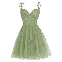 Women's Tulle Homecoming Dresses for Teens Spaghetti Strap Lace Applique Short Prom Dresses Cocktail Mini Dress