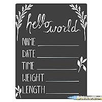 Hello World Newborn Baby Announcement Sign with Chalkboard Style Surface, 12 by 16 Inches, Blue Marker