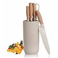 Kitchen Knife Set, 6-Pieces Luxury Wooden Coating Knife Set, Light Wood Grain Handle, Stainless Steel Non-Stick Sharp Blade Chef Knife Set with Cylindrical Knife Block for Gift