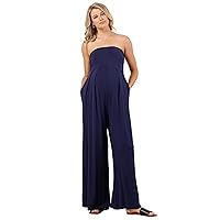 LaClef Womens Strapless Ruched Maternity Jumpsuit with Pockets