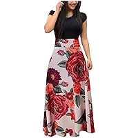 Women's Fashion Casual Print Round Neck Short-Sleeved Large Size Long Dresses