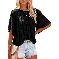Dokotoo Womens 3/4 Bell Sleeve Blouse Summer Crewneck Lace Tops Floral Textured Babydoll Shirts