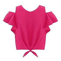 Kids Girls Cotton T-Shirts Off Shoulder Ruffle Sleeve Crop Tank Tops Knot Hem Solid Color Casual Daily Shirt Blouses