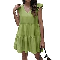 Loose Mini Dress Ruffle Sleeve Dresses V-Neck Casual Dress Solid Summer Short Dress for Women and Girls