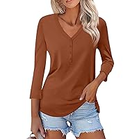 Women's V Neck 3/4 Sleeve Tops Casual Solid Button Summer Basic Pullover T Shirts Versatile Loose Fit Tunic Tees