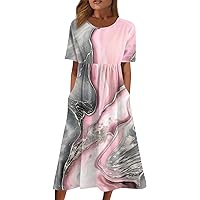 Summer Dresses for Women 2024 Short Sleeve Crew Neck Printed Midi Dress Casual Wedding Guest Dresses with Pockets