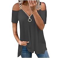 Women Summer Clod Shoulder T-Shirts Tops Trendy Casual Loose Fit Tunic Tees Sexy Short Sleeve Plus Size Zipper Blouses