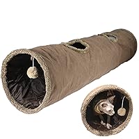 Cat Tunnel for Indoor Cats, 51×12 inch Foldable Big Cat Tunnel, Brown Suede Pet Tunnels with Two Peepholes and a Bubble Ball