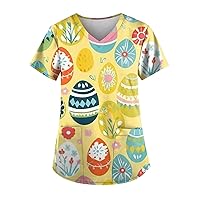 Easter Tshirt Ladies Tops Short Sleeve Shirt Printed Summer Blouse V-Neck with Pockets 2024 Tunic Workwear Loose Tee