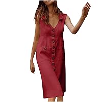 Womens Cotton Linen V Neck Button Down Tank Dress Casual Loose Summer Sleeveless Lapel Collar Pockets Midi Sundresses