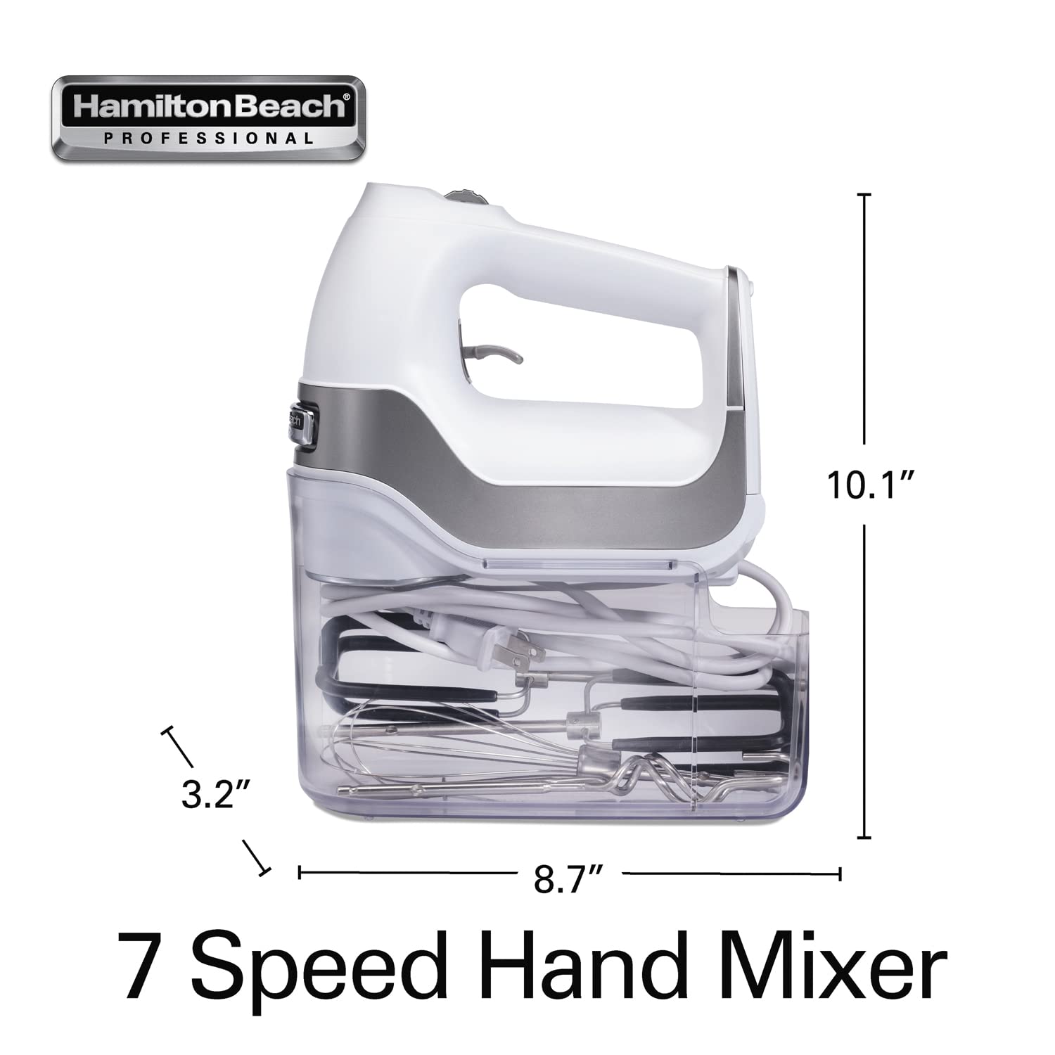 Hamilton Beach Professional 7-Speed Digital Electric Hand Mixer with High-Performance DC Motor, Slow Start, Snap-On Storage Case, SoftScrape Beaters, Whisk, Dough Hooks, White (62656)
