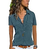 Andongnywell Women's Solid Color V-Neck Short Sleeve Tops Ladies Top Shirt Tops Blouse t Shirts with Pockets