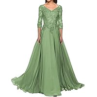 Mother of The Bride Dresses Long Evening Dress V Neck Lace Chiffon Formal Gowns with Sleeves Sage US10