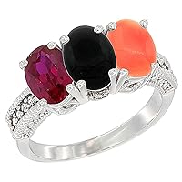 10K White Gold Enhanced Ruby, Natural Black Onyx & Coral Ring 3-Stone Oval 7x5 mm, Sizes 5-10