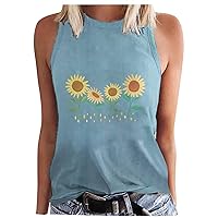 Women's Summer Sleeveless Crew Neck Tshirts Cat Printed Casual Tank Tops Comfort Loose Fitting Blouses