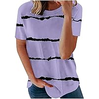 Striped Print Tops for Women Short Sleeve Round Neck T Shirts Loose Summer Dressy Casual Tunic Blouses Ladies Pullover Tees