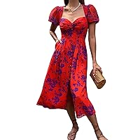 Viatabuna Summer Boho Floral Print Dress for Women Puff Short Sleeve V Neck Ruched A Line Midi Dresses Casual Beach Sundress