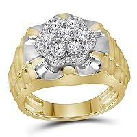 The Diamond Deal 10kt Two-tone Yellow White Gold Mens Round Diamond Flower Cluster Ribbed Ring 1.00 Cttw