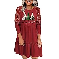 Merry Christmas Babydoll Dress for Women Long Sleeve Xmas Tree Leopard Striped Color Block Ruffled Loose Mini Dress