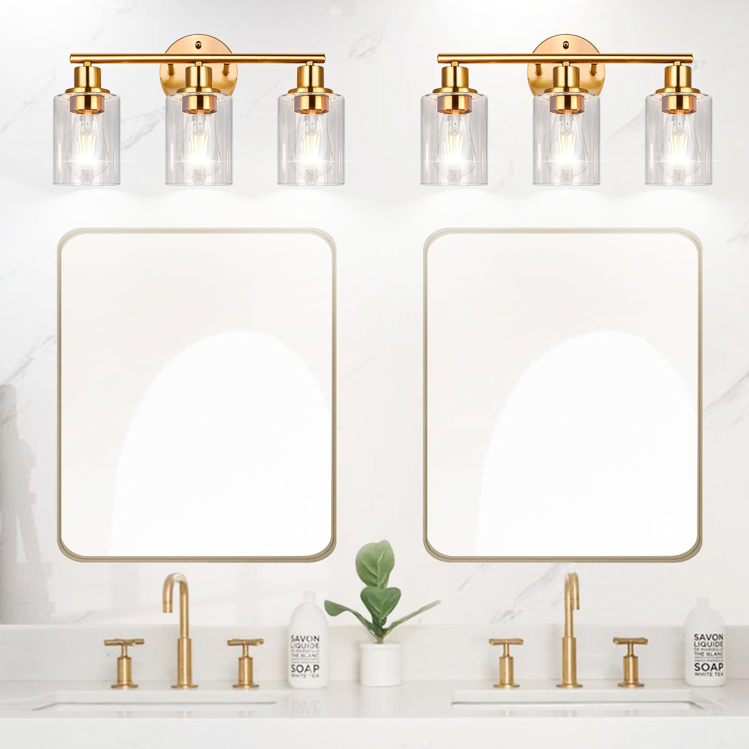 3-Light Gold Bathroom Light Fixtures, Modern Bathroom Vanity Light with Clear Glass Shade, Brushed Gold Bath Wall Mount Lights, Wall Lamp for Mirror Kitchen Bedroom Hallway Living Room Hallway