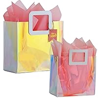 VUOJUR 1 S 8.3'' and 1 M 11'' Holographic Reusable Gift Bags with Tissue Paper and Happy Birthday Tag - Coral