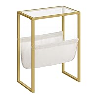 Narrow Side Table, Tempered Glass End Table with Fabric Magazine Sling, Small Coffee Accent Table, Bedside Table for Small Space, Bedroom, Living Room, Modern Style, Gold GD66BZ01