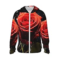 Women's Sun Protection Hoodie Jacket Sun Protection Clothing for Men Red Rose with Red Splashes Women Run Shirt Medium
