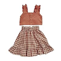 Girls Sunflower Summer Outfit Toddler Kids Baby Girls Strap Ruffle Vest T Shirt Tops With Button Plaid Skirt 2PCS