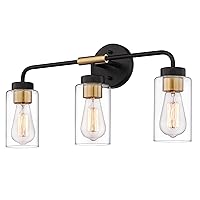 zeyu 3-Light Farmhouse Vanity Lights for Bathroom, 21 Inch Industrial Bath Wall Light Fixtures with Clear Glass Shade, Black and Gold Finish, ZS62B-3W BK+BG