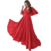 Women's Flutter Sleeve Chiffon Bridesmaid Dresses Long V-Neck Formal Wedding Party Dress with Pockets R021