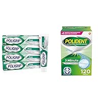 Super Poligrip Zinc Free Denture and Partials Adhesive Cream, 2.4 Ounce (Pack of 4) & Polident 3 Minute Denture Cleanser Tablets - 120 Count