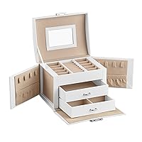 SONGMICS 3-Tier Jewelry Box, Travel Jewelry Case with Handle, 2 Drawers, Lockable Jewelry Organizer with Mirror, Jewelry Storage, Modern Style, Gift for Loved Ones, White UJBC154W01, 5.4