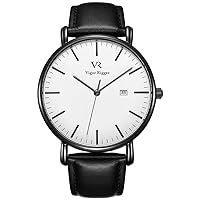 Vigor Rigger Men Women Quartz Watch Ultra-Thin Black Wristwatch for Men Classic Minimalist Design with Date Calendar and Soft Leather Strap