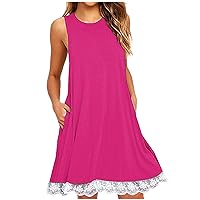 Womens Casual Sleeveless Mini Dresses Lace Trim Round Neck Summer Sundresses Swing Beach Tank Dress with Pocket
