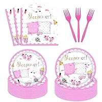 96 Pcs Sleepover Birthday Plates and Napkins Party Supplies Set Pajamas Pillow Fight Pink Slumber Party Disposable Tableware Decorations Favors for Girl Spa Makeup Birthday Party for 24 Guests